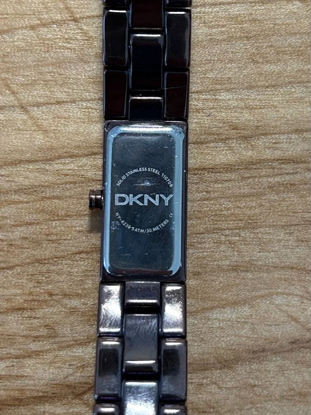 DKNY Brown Metal Link Bracelet Watch with Black Rectangular Dial